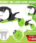 Plant Tying Machine Tapener Tool 420g with 10000 Staples and 20 Rolls Green Tape, shown in various angles and features.