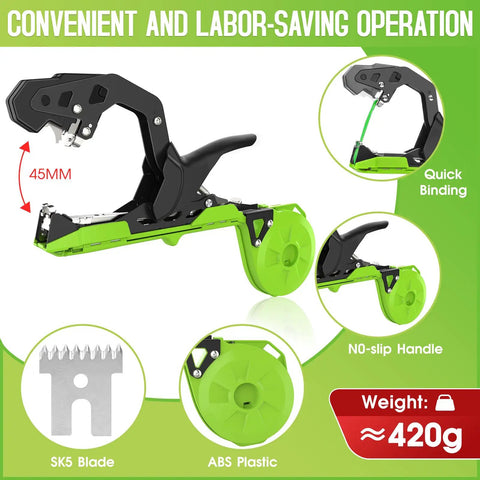 Plant Tying Machine Tapener Tool 420g with 10000 Staples and 20 Rolls Green Tape, shown in various angles and features.