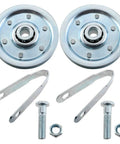 Two Pack 3 Inch Beefy Heavy Duty Garage Door Pulley Kit Made From Galvanized Carbon Steel For Max Load Capacity Durable Corrosion Resistant Smooth Operation And Long Lasting Performance, two pulleys with forks and bolts