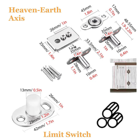 Heaven Earth Axis limit switch parts with dimensions including screws and components for sliding doors.