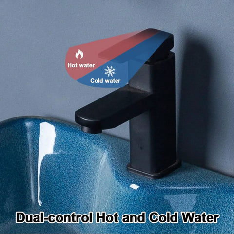 USZWBY Wall-Mounted Rectangular Ceramic Bathroom Sink - Vintage U-Shape Vessel Sink with Faucet & Pedestal Metal Legs for Home B&B Club - Stylish Space-Saving Design showing dual-control hot and cold water faucet.