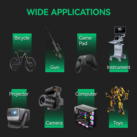 Image showcasing wide applications of the 8 To 70 Inch Pound Torque Screwdriver With Quarter Inch Drive Compact Gunsmithing Kit, featuring various items like a bicycle, gun, game pad, medical instrument, projector, camera, computer, and toys on a black background with green labels.
