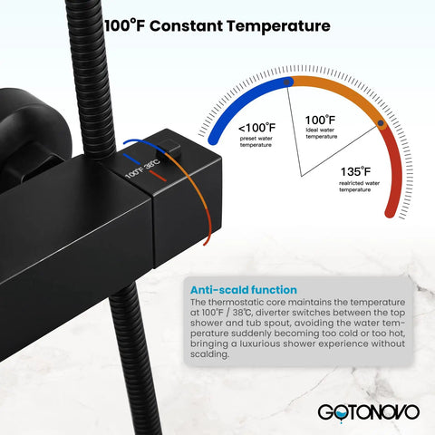 Close-up of anti-scald function on thermostatic shower system with 100°F constant temperature
