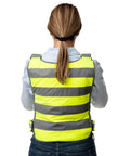 Back view of Hi Vis yellow vest from Professional Ice Vest Cooling System With 96 Pure Water Ice Cubes, worn by woman, in jeans and shirt.