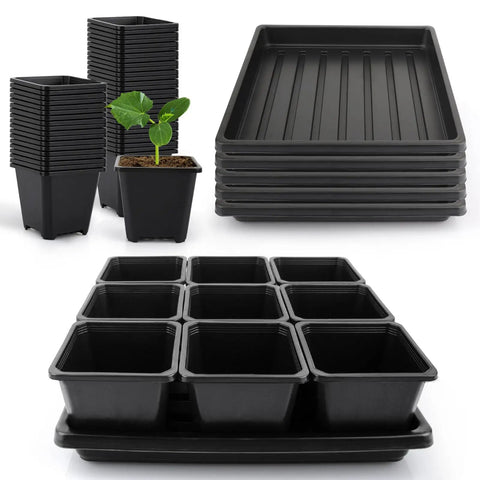 50 Pack Three Point Five Inch Square Seedling Pots With Drain Holes And 5 Seed Starter Trays Kit displaying stacked black pots and trays