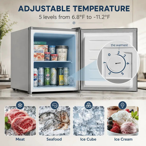 1.1 Cu Ft Compact Mini Freezer Solid Upright Build adjustable temperature control with food items for storing meats, fish, and ice.
