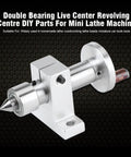 Double Bearing Live Center With Adjustable Revolving Head for Mini Lathe Machines, metal accessory on black background.