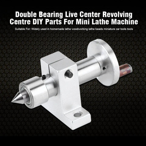 Double Bearing Live Center With Adjustable Revolving Head for Mini Lathe Machines, metal accessory on black background.