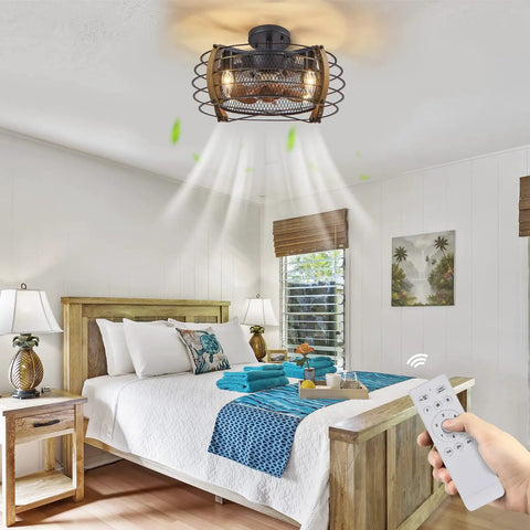 Caged Wood Farmhouse Ceiling Fan With Light And Remote Control Flush Mount Industrial Style in a cozy rustic bedroom.