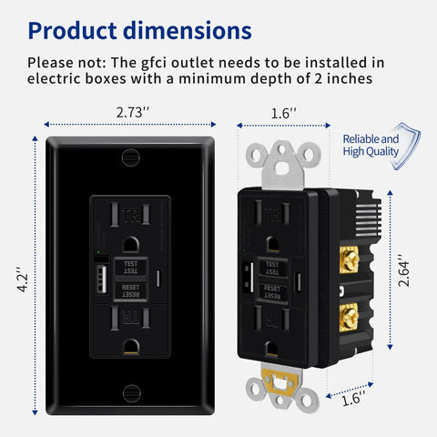 Dimensions of Heavy Duty Black 15 Amp GFCI Outlet With USB C And USB A Fast Charge Ports, 7 Pack Self Test Ground Fault Wall Socket.