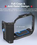 Camera Cage For Canon R50V Full Cage with silicone grip, 1/4"-20 screws, and anti-twist design for secure mounting.