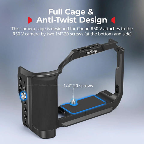 Camera Cage For Canon R50V Full Cage with silicone grip, 1/4"-20 screws, and anti-twist design for secure mounting.