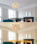 Boho Wood Beaded Chandelier Light Fixture In Gold And Oak Finish Semi Flush Mount Ceiling Light in living room, on and off view