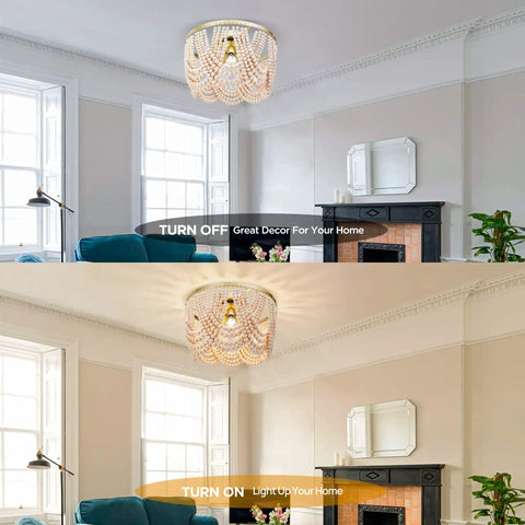 Boho Wood Beaded Chandelier Light Fixture In Gold And Oak Finish Semi Flush Mount Ceiling Light in living room, on and off view
