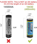 Four Pack LiFePO4 3.2V 14430 Rechargeable Batteries 400mAh 14 By 43mm 4 To 5 AA Size For Solar Panel Lights Toothbrushes Shavers And Flashlights Not AA Compatible Great For Backup Power And Everyday Gadgets shown with size comparison to AA battery.