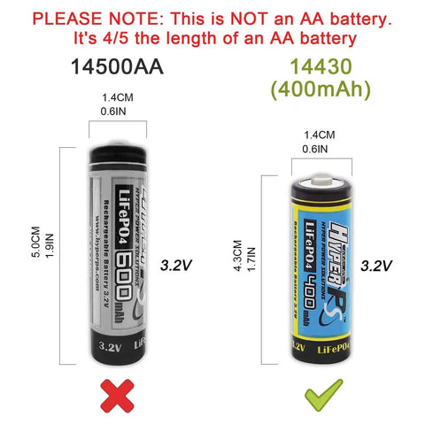 Four Pack LiFePO4 3.2V 14430 Rechargeable Batteries 400mAh 14 By 43mm 4 To 5 AA Size For Solar Panel Lights Toothbrushes Shavers And Flashlights Not AA Compatible Great For Backup Power And Everyday Gadgets shown with size comparison to AA battery.