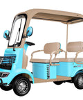Cruise Comfortably With This Badass 4 Passenger Electric Golf Cart Packing A Roomy Cargo Trunk And Gutsy 800W Motor For Sick Weekend Rides Across Golf Trails Beaches Farms And Suburban Streets. Blue four-passenger cart with seats and cargo trunk.