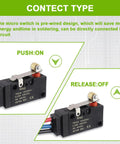 Three Line 10A 250VAC Micro Limit Switch SPDT Waterproof With Roller Lever And Prewired Pack Of 2 product diagram showing push and release modes