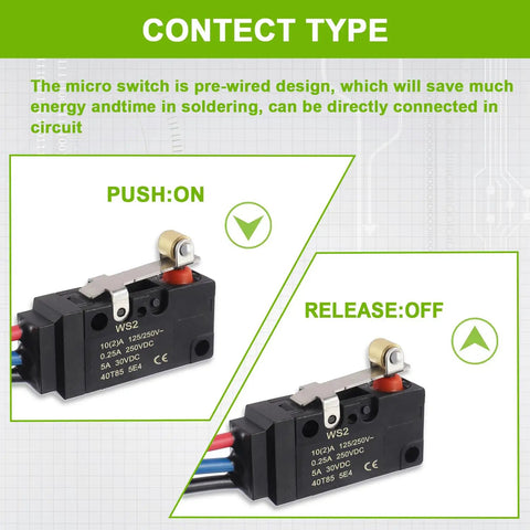 Three Line 10A 250VAC Micro Limit Switch SPDT Waterproof With Roller Lever And Prewired Pack Of 2 product diagram showing push and release modes