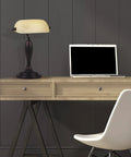 Antique Banker Desk Lamp In Oil Rubbed Bronze With Pull Chain Corded Lighting on wooden desk with laptop and chair
