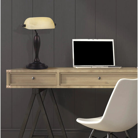 Antique Banker Desk Lamp In Oil Rubbed Bronze With Pull Chain Corded Lighting on wooden desk with laptop and chair