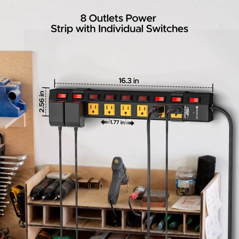 Heavy Duty 8 Outlet Metal Power Strip With Individual Switches 15A 1875W 6ft Cord No More Plug Crowding Ultra Wide Spacing To Fit Bulky Adapters And Transformer Bricks For Home Office Desktops, 16.3 in