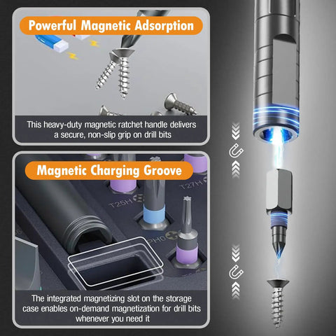 42 In 1 Magnetic Ratchet Screwdriver Set with detachable handle showing magnetic adsorption and charging groove for precision bits.