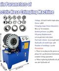 Top Tier Yokoma Electric Hydraulic Hose Crimping Machine For Professionals with specifications and 14 durable dies shown.