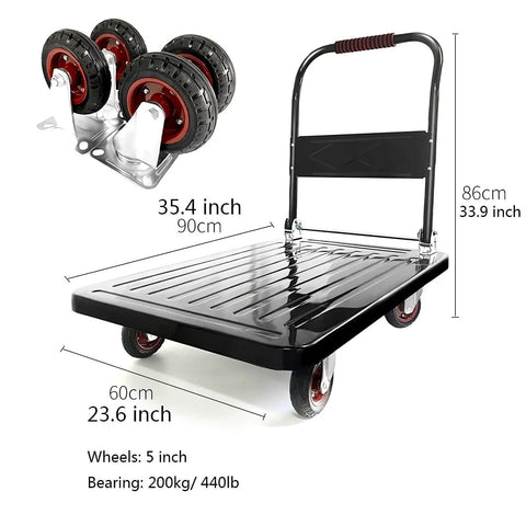 Heavy Duty Flatbed Cart Folding Platform Truck With Metal Handle For Warehouse And Garage Rugged Moving Cart With Extra Large Wheels Black Coated Steel Easy Glide Built To Haul Heavy Loads On Rough Terrain, 90x60 cm