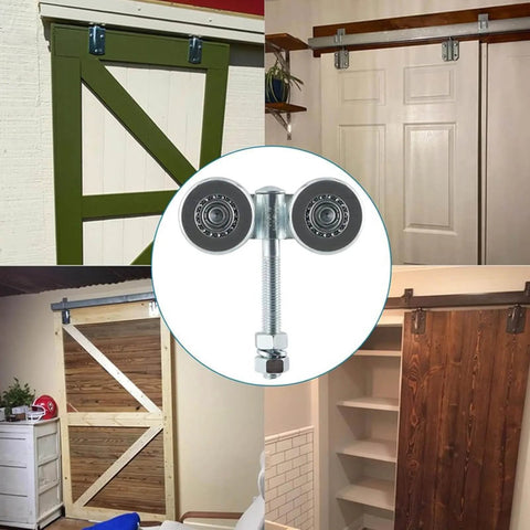 Beefy Heavy Duty Sliding Door Roller Replacement Kit With Steel Track Wheel Hanger And Barn Door Rail Trolley shown installed on various doors