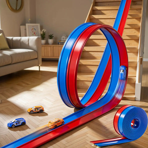 15 Ft Flexible Race Track Set For Kids Ages 3 8 With 2 Small Cars in living room, blue and red track, indoor play setup