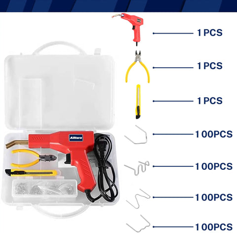 Plastic Weld Kit For DIY Car Bumper And Plastic Part Repairs With welding gun and accessories in open case, Red.