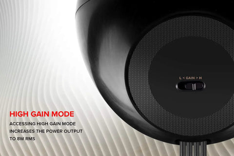 Rear view of 2 Point 1 USB Powered Desktop Speakers with dope 4 inch down firing subwoofer showing high gain mode switch