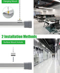 Linkable 120W LED Shop Light with 15600 Lumens 5000K Daylight linear high bay fixture showing hanging and flush mount options