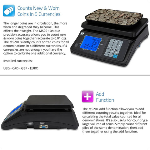 Portable Coin Counting Scale With Battery And Tare Function For Quick Value And Quantity Counts Lets You Track USD EUR CAD GBP Coins, Handles Up To 650 Dollars Or 6500 Coins Or 33 Pounds, Adds Results For Fast Cash Sorting, with coins on tray