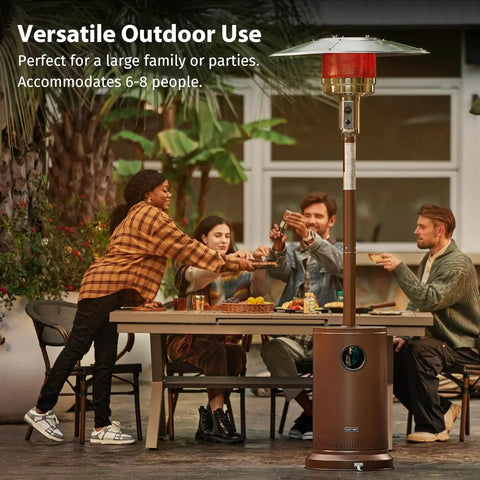 Beast 50,000 BTU Outdoor Patio Heater With Round Table Design in use with a group enjoying a meal, bronze finish, ETL certified