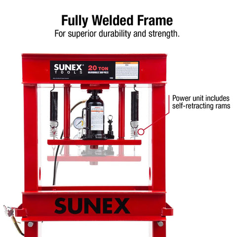 20 Ton Air Hydraulic Shop Press With Fully Welded Frame No Pump Required Auto Air Motor includes punch kit and bed plates.