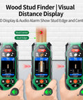 10 In 1 Stud Finder And Wall Scanner With Laser Tape Measure And Digital Level For DIY Renovations, Heavy Duty Wall Scanning, Precise Stud Detection, 131ft Laser Range, And Quick Leveling All In One Handy Tool wood stud center display on wall