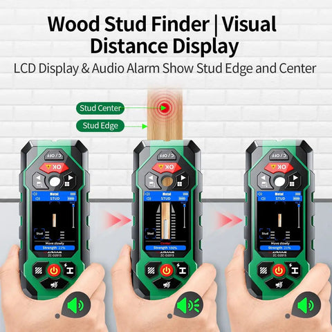 10 In 1 Stud Finder And Wall Scanner With Laser Tape Measure And Digital Level For DIY Renovations, Heavy Duty Wall Scanning, Precise Stud Detection, 131ft Laser Range, And Quick Leveling All In One Handy Tool wood stud center display on wall