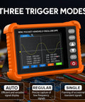 Handheld Oscilloscope With Probe Kit displaying waveform, 2.8 Inch TFT Screen, showing three trigger modes, compact diagnostics gear.