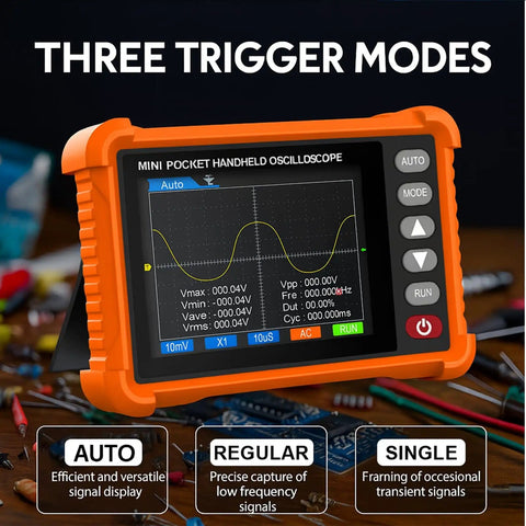 Handheld Oscilloscope With Probe Kit displaying waveform, 2.8 Inch TFT Screen, showing three trigger modes, compact diagnostics gear.