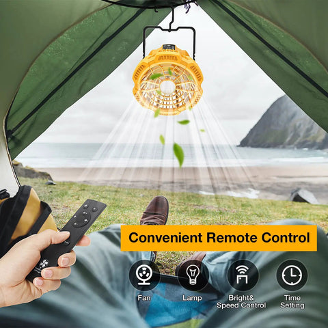 Portable High Velocity Industrial Fan With LED Light And USB Powered Handheld Fan hanging in tent with remote control visible