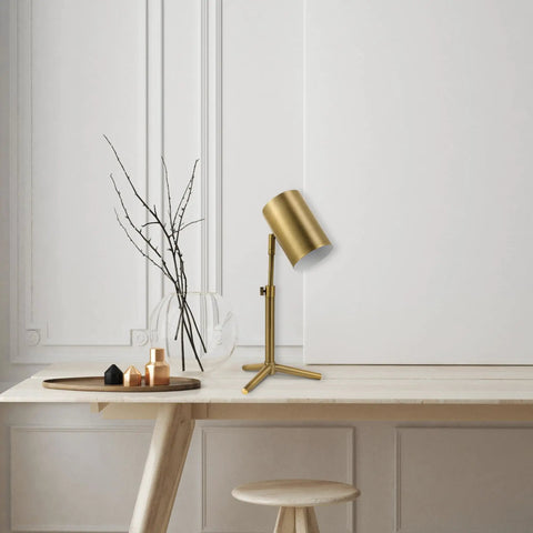 Pratt 18 Inch Desk Lamp With Matte Brass Finish, Adjustable Height, In Line Rocker On Off Switch on a wooden desk in home office