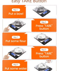 Step-by-step tare function guide on Ultra Precise 33Lb Digital Kitchen Scale With Ounces And Grams, Rechargeable 304 Stainless Steel Platform.