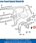 Diagram of Quarter Panel Splash Shield Kit showing parts and assembly for Top Shelf Rocker Panel And Splash Shield Grommet With Specialty Screw 4 Pack.