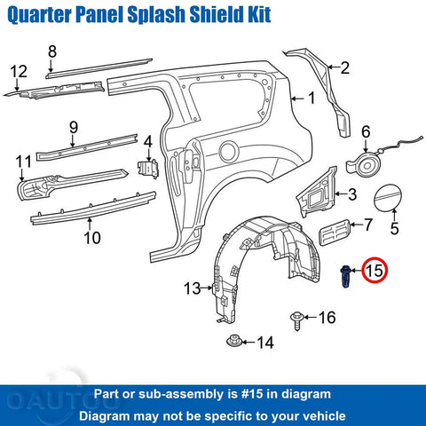 Diagram of Quarter Panel Splash Shield Kit showing parts and assembly for Top Shelf Rocker Panel And Splash Shield Grommet With Specialty Screw 4 Pack.