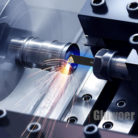 Indexable Lathe Turning Tool Set With 5/8 Inch Shank 16mm 21 Piece Kit in use on metal lathe, creating clean precise cuts.