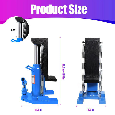 Heavy Duty Hydraulic Toe Jack Delivering Twenty Ton Top Lifting And Ten Ton Toe Engagement For Dead Reliable Car Hoisting and Daily Shop Hustle, showing size dimensions 11.4 in and 12.9-18 in.