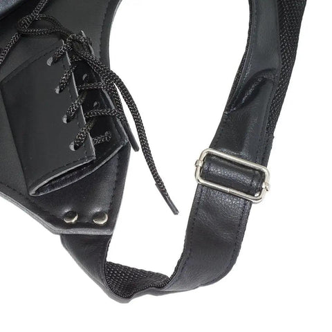 Close-up of adjustable strap and lace detail of Lightweight PU Sword Carry Bag With Back Strap Waistband For Ninja Cosplay Dual Sword Holder.