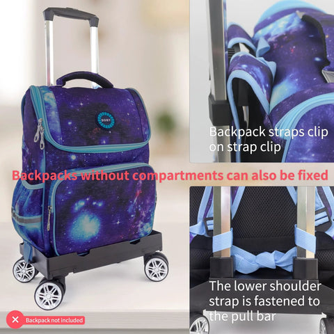 Foldable Aluminium Alloy Wheeled Backpack Trolley with Edge Guard Base and Four Spinner Wheels Luggage Cart in use with backpack.